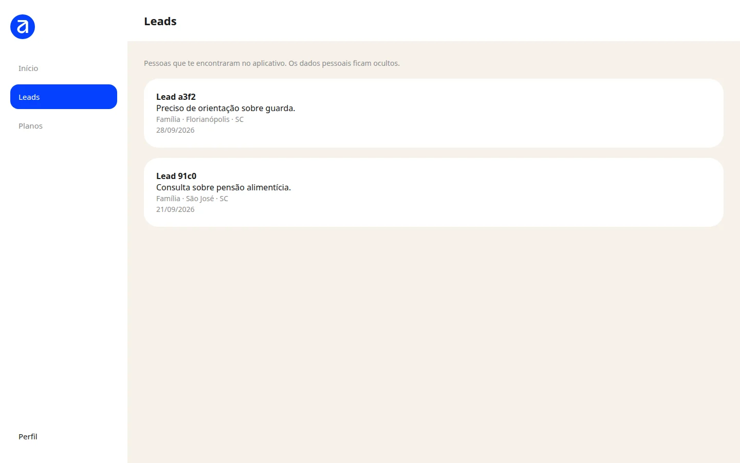Lista de leads do portal, só com cidade, área e data, sem nome do consumidor